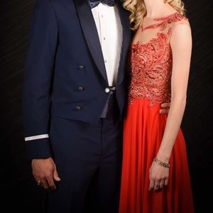 Red Beaded Flowy Formal Gown or Prom Dress